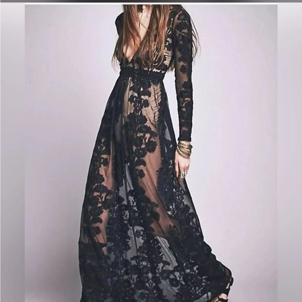 For Love And Lemons Temecula Black Floral Maxi Dress